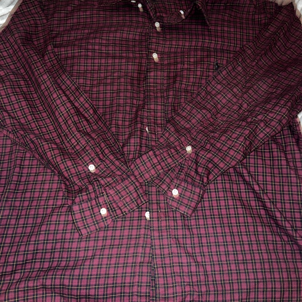 Burgundy and black plaid button up shirt